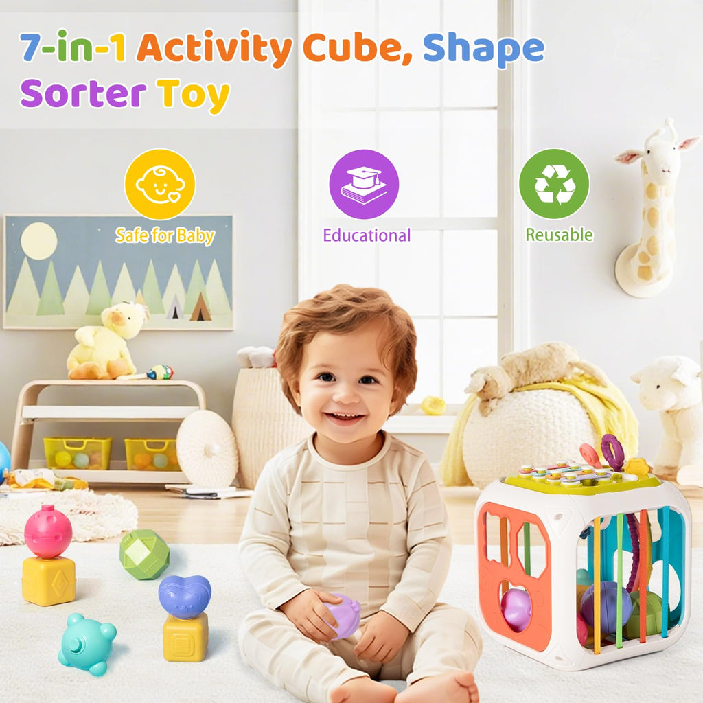 MINGKIDS 7-in-1 Montessori Activity Cube - Shape Sorter & Sensory Toy for Toddlers 1-3