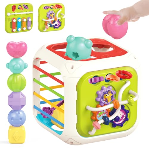 MINGKIDS 7-in-1 Montessori Activity Cube - Shape Sorter & Sensory Toy for Toddlers 1-3