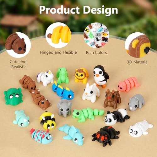Mini 3D Printed Animals Set – 21-Piece Articulated Pocket Pets Fidget Toys, Flexible Tiny Animal Figurines for Desk Decoration, Easter Basket Stuffers & Gifts