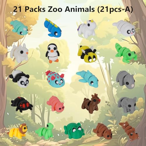 Mini 3D Printed Animals Set – 21-Piece Articulated Pocket Pets Fidget Toys, Flexible Tiny Animal Figurines for Desk Decoration, Easter Basket Stuffers & Gifts