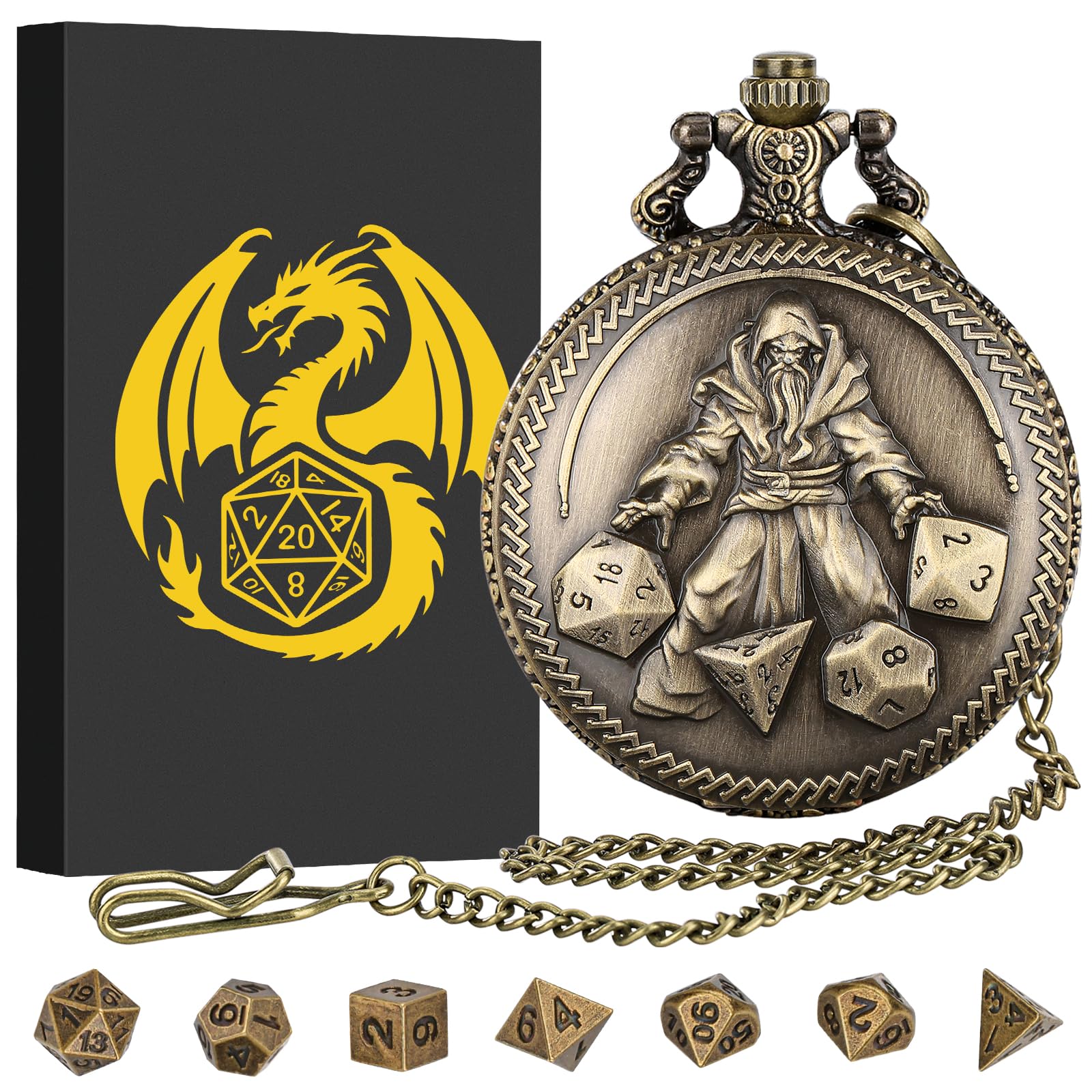 Mini DND Dice Set in Bronze Pocket Watch Case - 7 Polyhedral Metal Dice with Gift Box