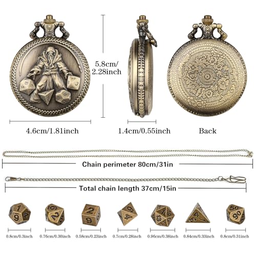 Mini DND Dice Set in Bronze Pocket Watch Case - 7 Polyhedral Metal Dice with Gift Box