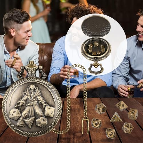 Mini DND Dice Set in Bronze Pocket Watch Case - 7 Polyhedral Metal Dice with Gift Box