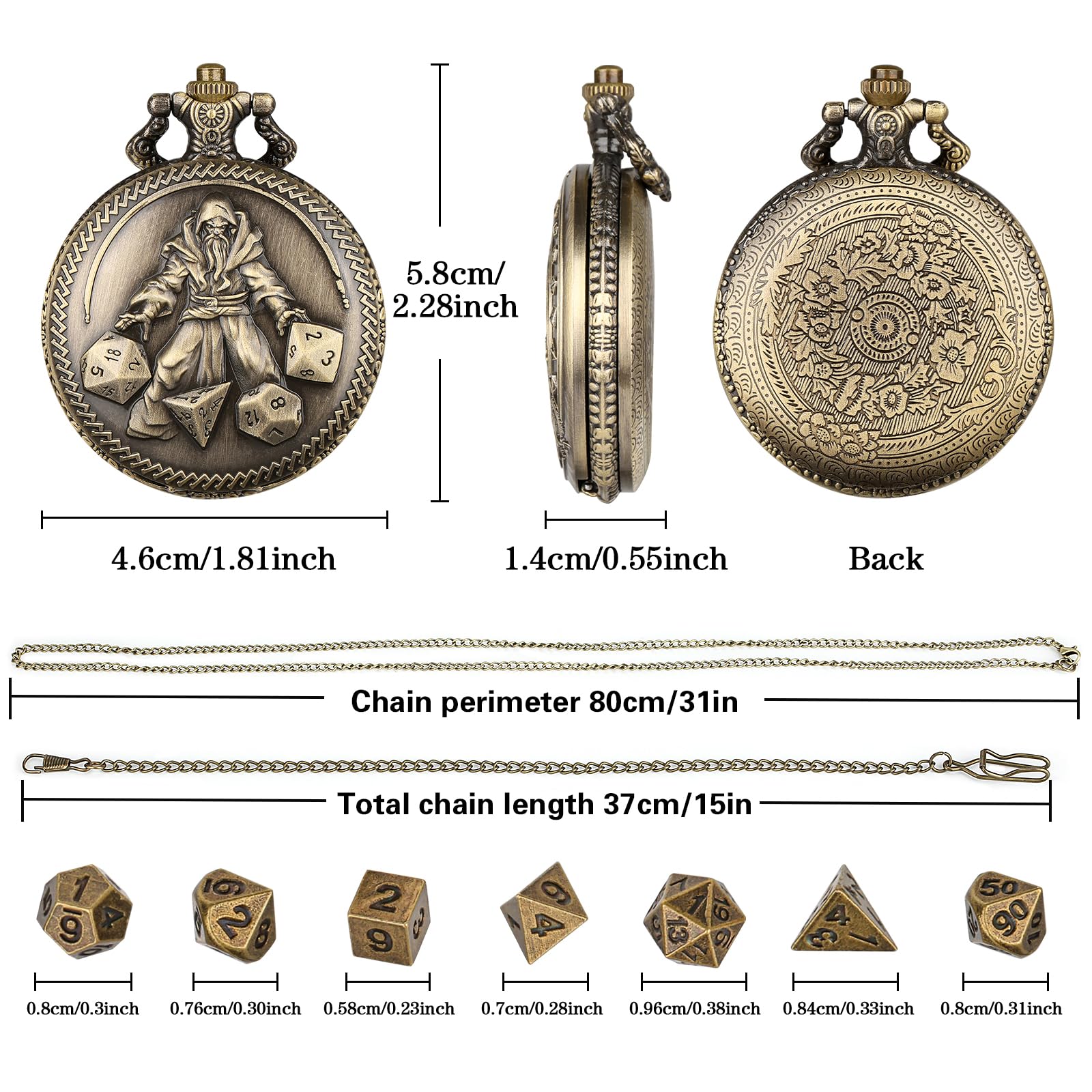 Mini DND Dice Set in Bronze Pocket Watch Case - 7 Polyhedral Metal Dice with Gift Box