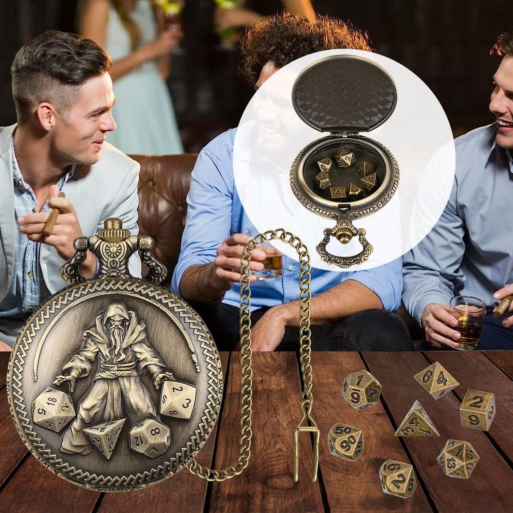 Mini DND Dice Set in Bronze Pocket Watch Case - 7 Polyhedral Metal Dice with Gift Box
