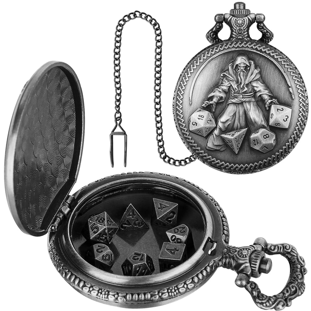 Mini DND Dice Set in Pocket Watch Case - 7 Polyhedral Metal Dice, Dark Silver
