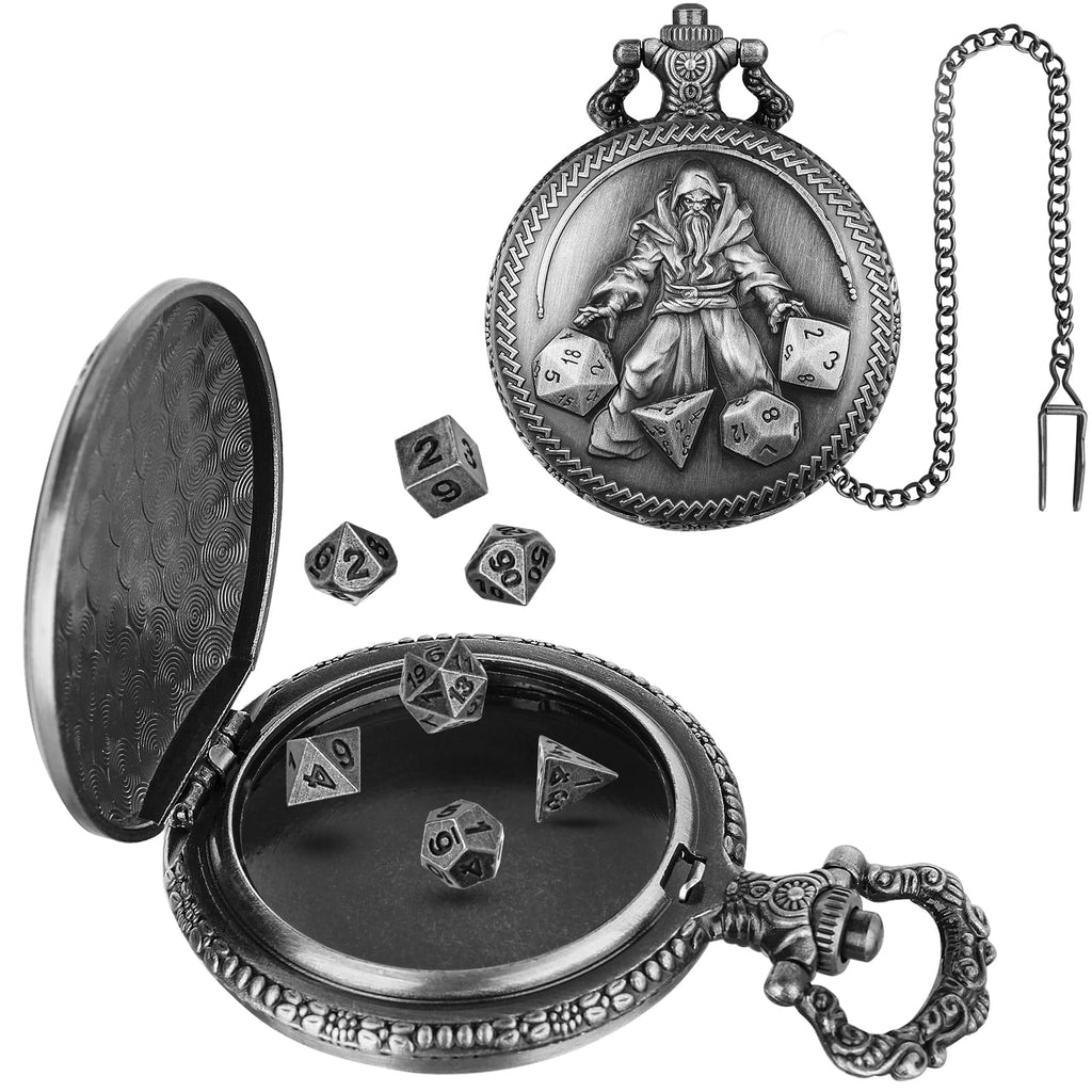 Mini DND Dice Set in Pocket Watch Case - 7 Polyhedral Metal Dice, Dark Silver