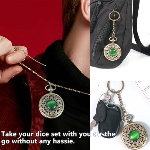 Mini DND Dice Set in Pocket Watch Shell with Keychain - 7PCS Polyhedral Metal Dice for RPG Games (Pearl Silver)