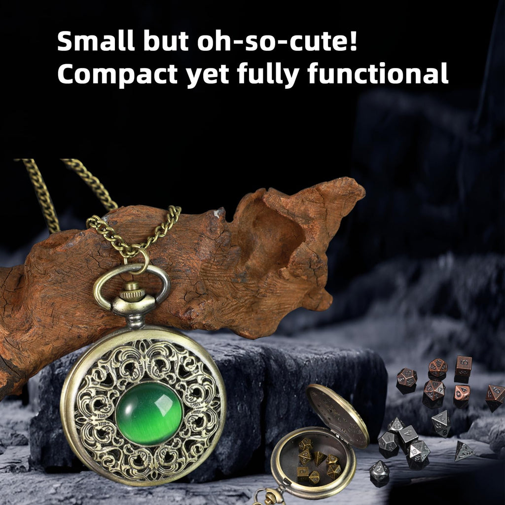 Mini DND Dice Set in Pocket Watch Shell with Keychain - 7PCS Polyhedral Metal Dice for RPG Games (Pearl Silver)