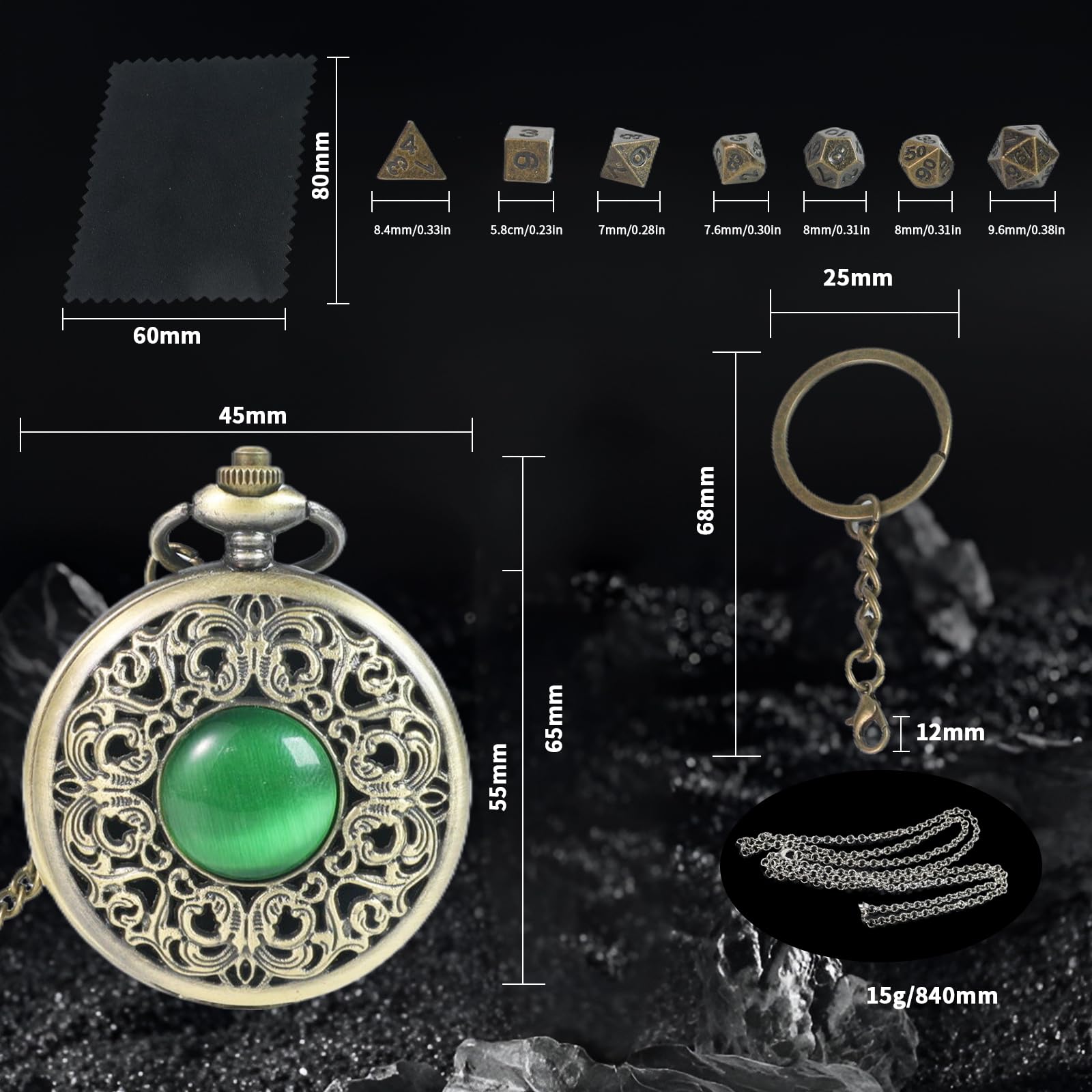Mini DND Dice Set in Pocket Watch Shell with Keychain - 7PCS Polyhedral Metal Dice for RPG Games (Pearl Silver)