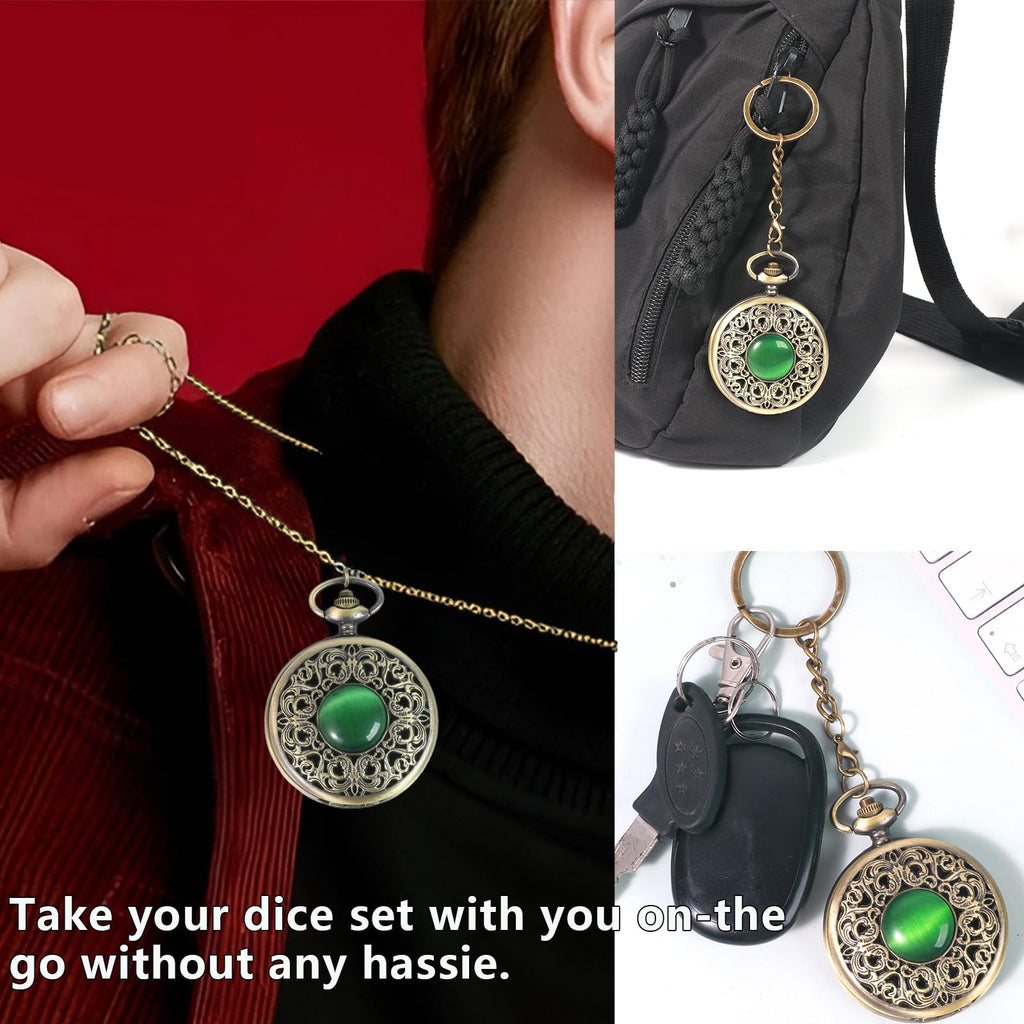 Mini DND Dice Set in Pocket Watch Shell with Keychain - 7PCS Polyhedral Metal Dice for RPG Games (Pearl Silver)