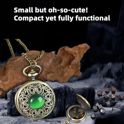 Mini DND Dice Set in Pocket Watch Shell with Keychain - 7PCS Polyhedral Metal Dice for RPG Games (Pearl Silver)