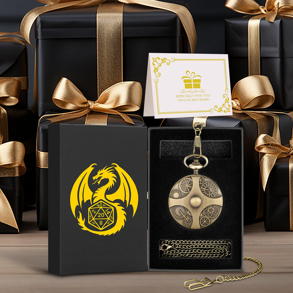 Mini DND Dice Set in Steampunk Pocket Watch Case - 7 Metal Polyhedral Dice with Gift Box