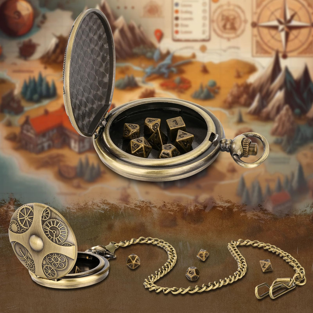 Mini DND Dice Set in Steampunk Pocket Watch Case - 7 Metal Polyhedral Dice with Gift Box