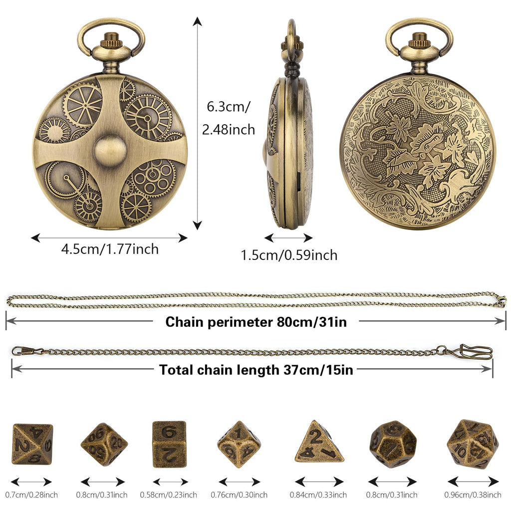 Mini DND Dice Set in Steampunk Pocket Watch Case - 7 Metal Polyhedral Dice with Gift Box