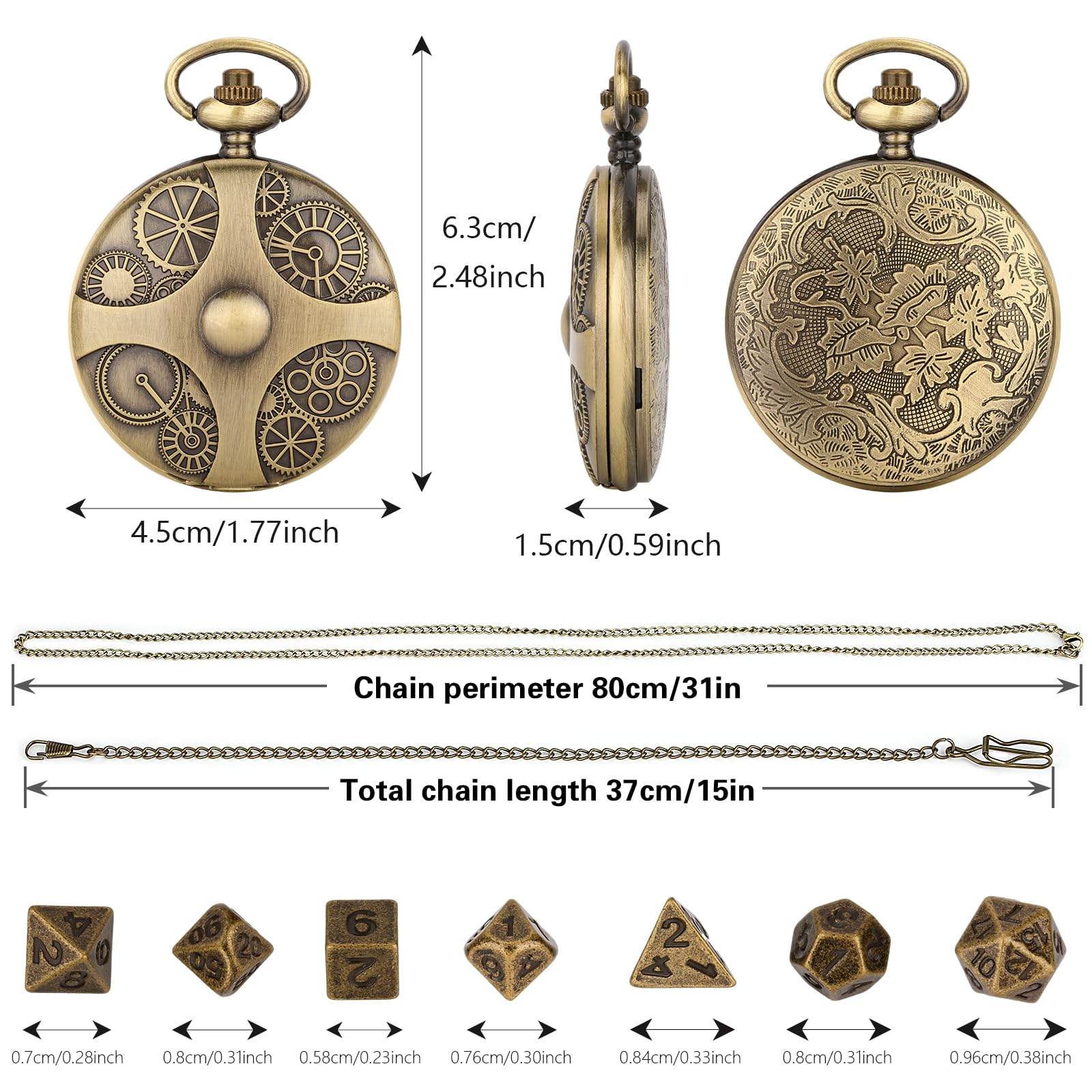 Mini DND Dice Set in Steampunk Pocket Watch Case - 7 Metal Polyhedral Dice with Gift Box