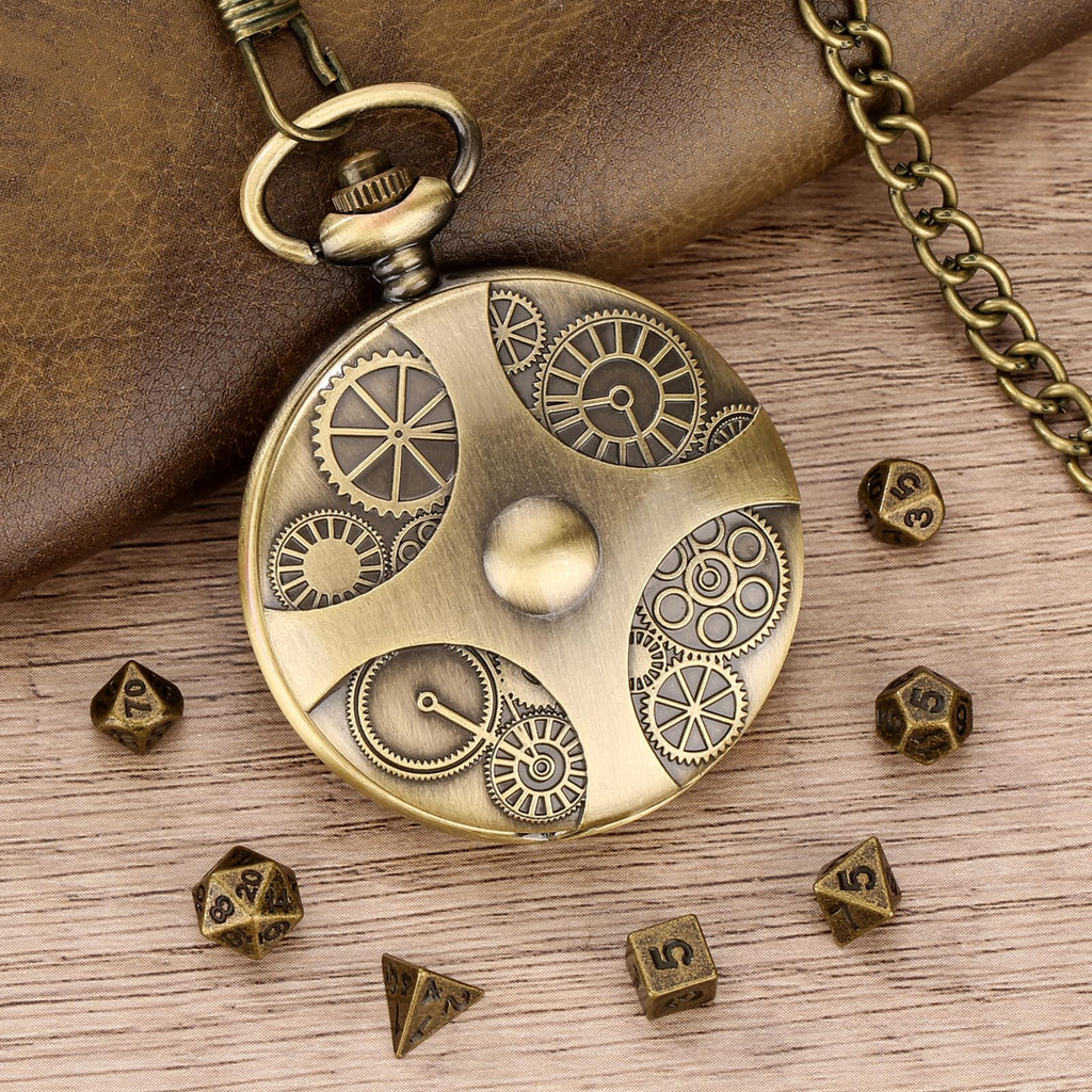 Mini DND Dice Set in Steampunk Pocket Watch Case - 7 Metal Polyhedral Dice with Gift Box