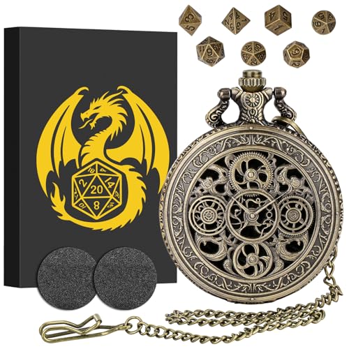 Mini DND Dice Set in Steampunk Pocket Watch Case – 7 Polyhedral Metal Dice, Zinc Alloy Hollow Gear Design, Gift Box Included (Bronze)