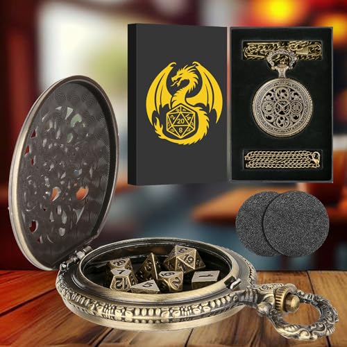 Mini DND Dice Set in Steampunk Pocket Watch Case – 7 Polyhedral Metal Dice, Zinc Alloy Hollow Gear Design, Gift Box Included (Bronze)