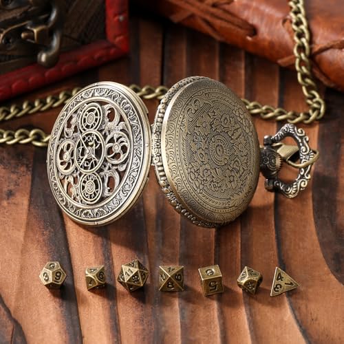 Mini DND Dice Set in Steampunk Pocket Watch Case – 7 Polyhedral Metal Dice, Zinc Alloy Hollow Gear Design, Gift Box Included (Bronze)
