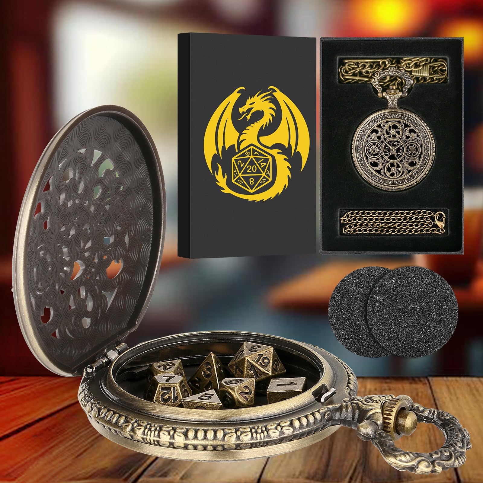 Mini DND Dice Set in Steampunk Pocket Watch Case – 7 Polyhedral Metal Dice, Zinc Alloy Hollow Gear Design, Gift Box Included (Bronze)