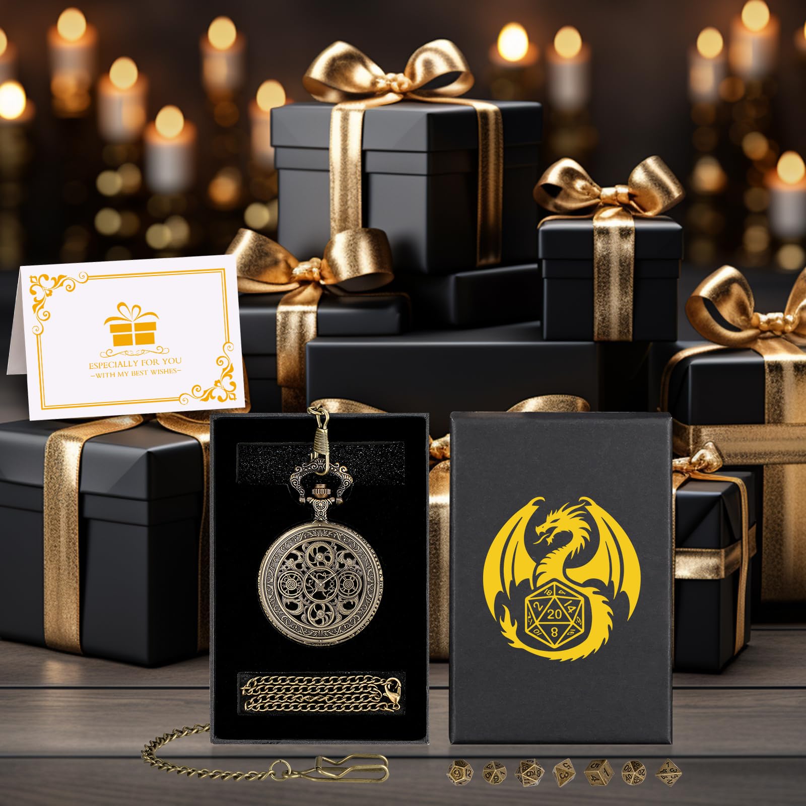 Mini DND Dice Set in Steampunk Pocket Watch Case – 7 Polyhedral Metal Dice, Zinc Alloy Hollow Gear Design, Gift Box Included (Bronze)