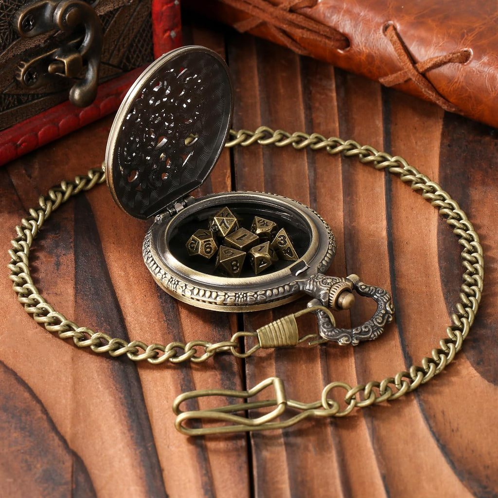 Mini DND Dice Set in Steampunk Pocket Watch Case – 7 Polyhedral Metal Dice, Zinc Alloy Hollow Gear Design, Gift Box Included (Bronze)