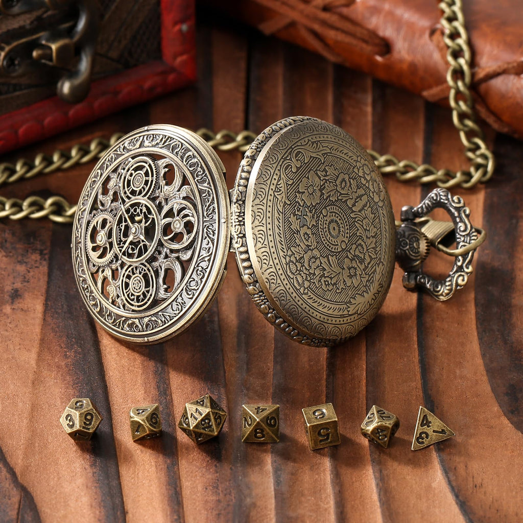 Mini DND Dice Set in Steampunk Pocket Watch Case – 7 Polyhedral Metal Dice, Zinc Alloy Hollow Gear Design, Gift Box Included (Bronze)