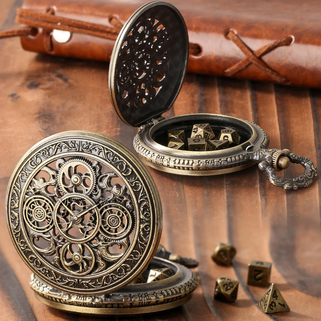 Mini DND Dice Set in Steampunk Pocket Watch Case – 7 Polyhedral Metal Dice, Zinc Alloy Hollow Gear Design, Gift Box Included (Bronze)