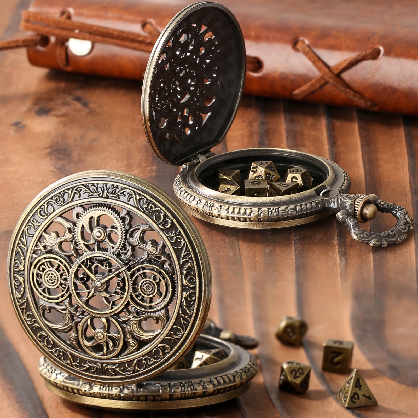 Mini DND Dice Set in Steampunk Pocket Watch Case – 7 Polyhedral Metal Dice, Zinc Alloy Hollow Gear Design, Gift Box Included (Bronze)
