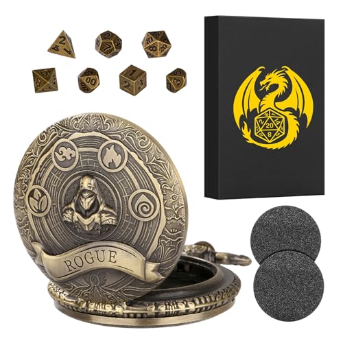 Mini DND Dice Set Steampunk Rogue Pocket Watch Case – 7 Polyhedral Metal Dice with Gift Box
