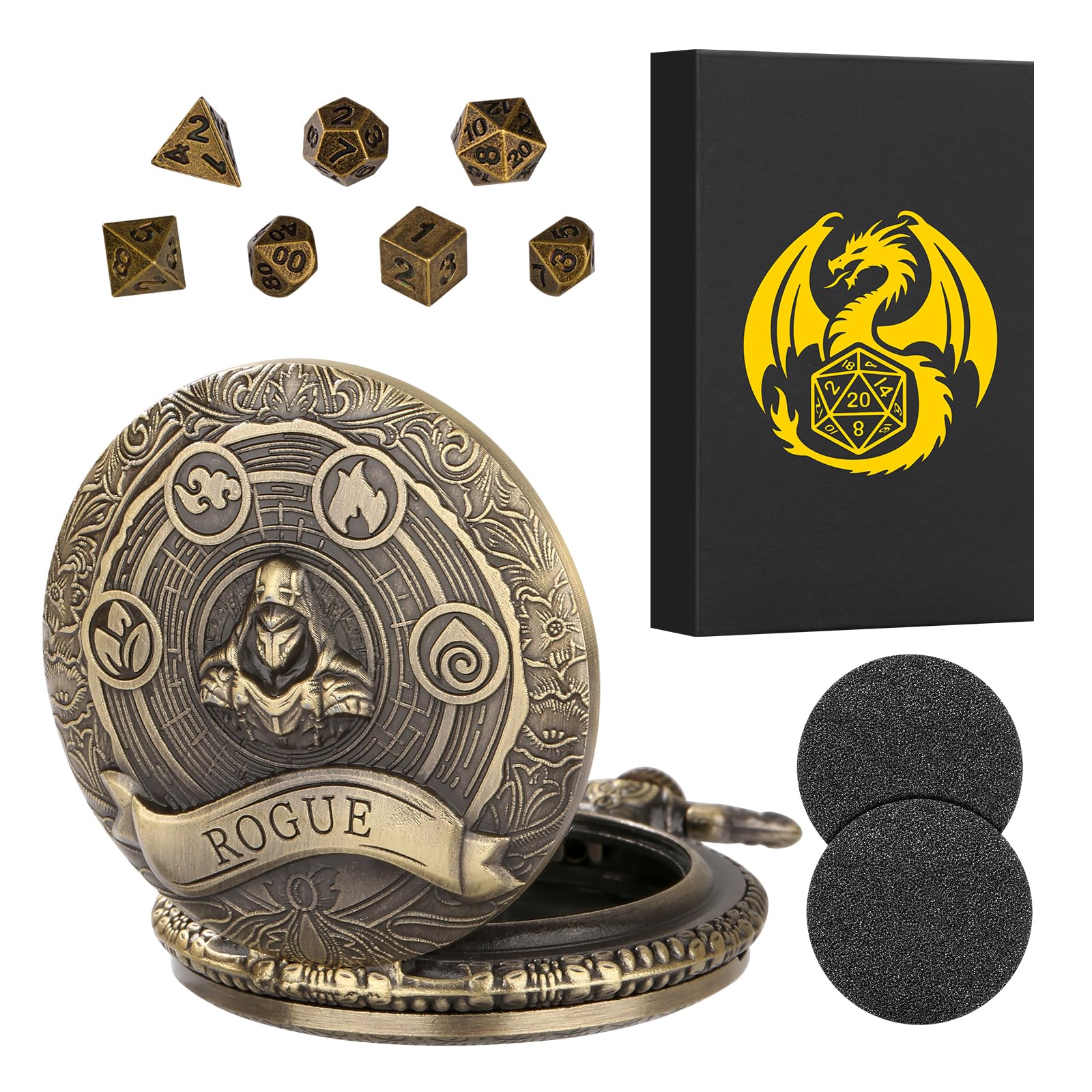 Mini DND Dice Set Steampunk Rogue Pocket Watch Case – 7 Polyhedral Metal Dice with Gift Box