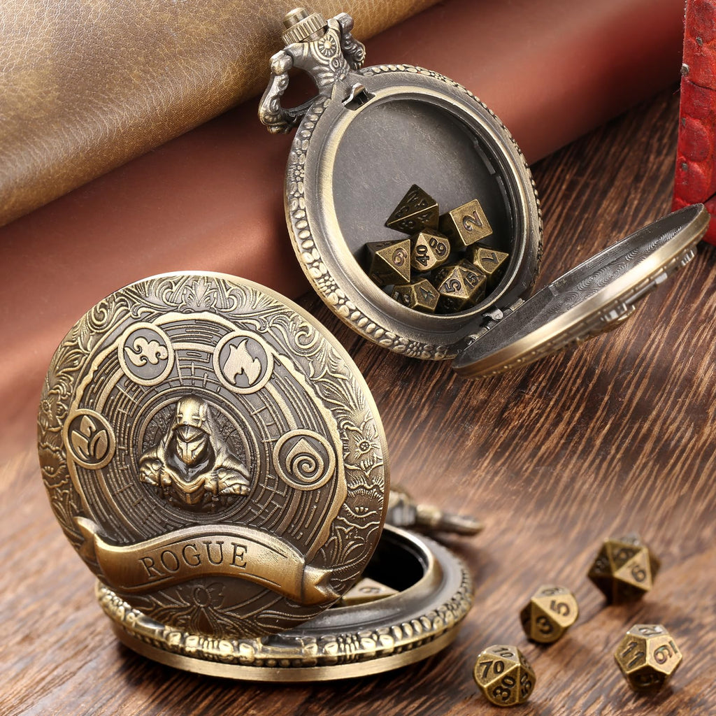 Mini DND Dice Set Steampunk Rogue Pocket Watch Case – 7 Polyhedral Metal Dice with Gift Box