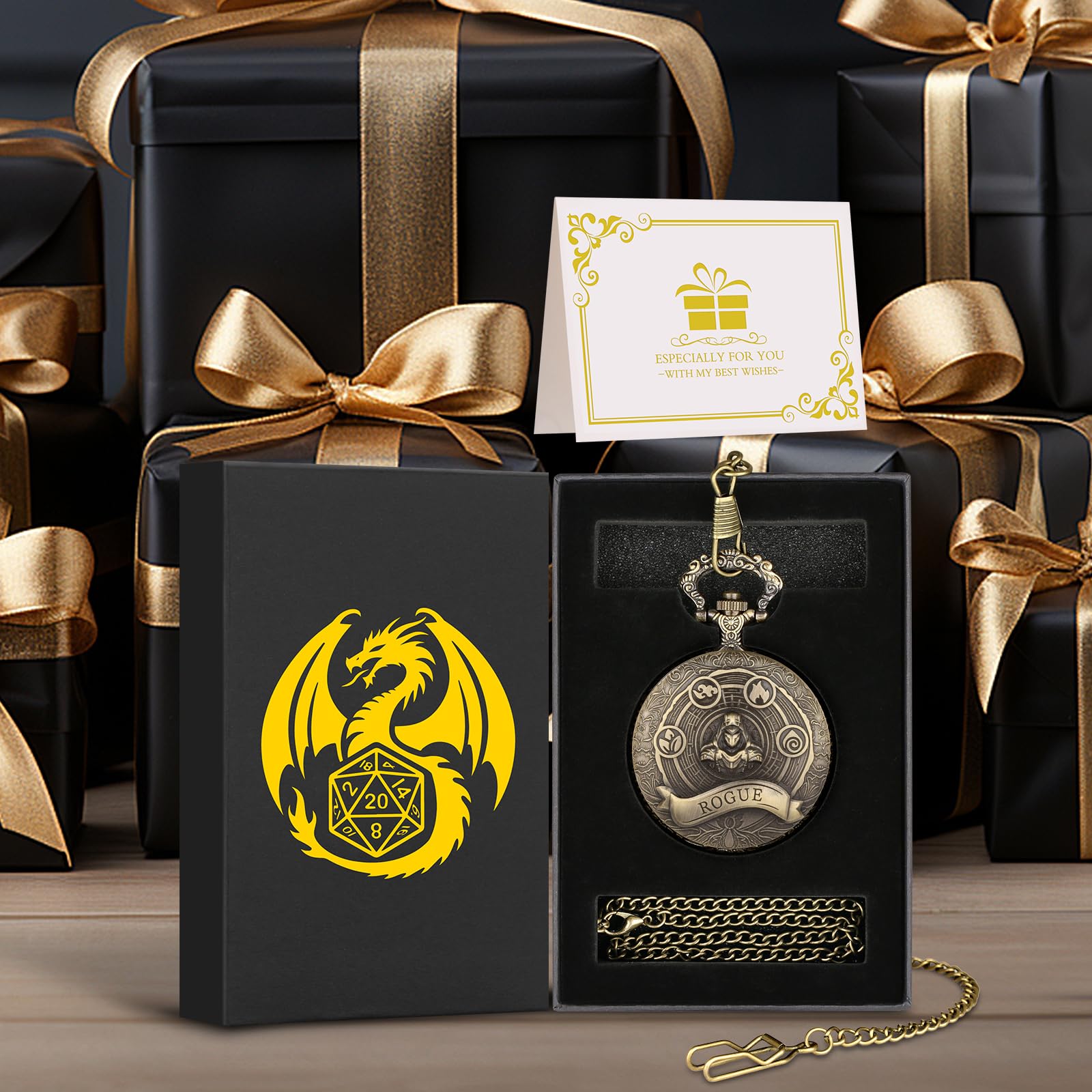 Mini DND Dice Set Steampunk Rogue Pocket Watch Case – 7 Polyhedral Metal Dice with Gift Box