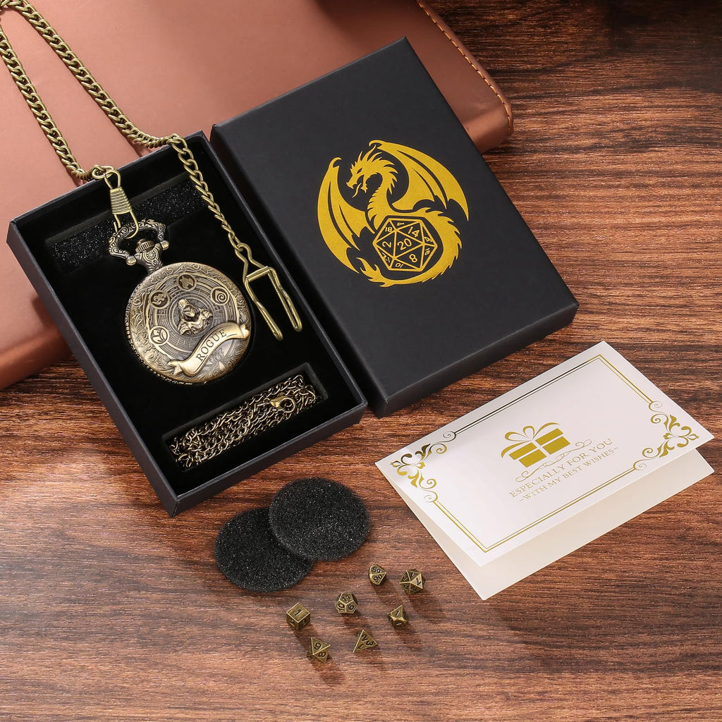 Mini DND Dice Set Steampunk Rogue Pocket Watch Case – 7 Polyhedral Metal Dice with Gift Box