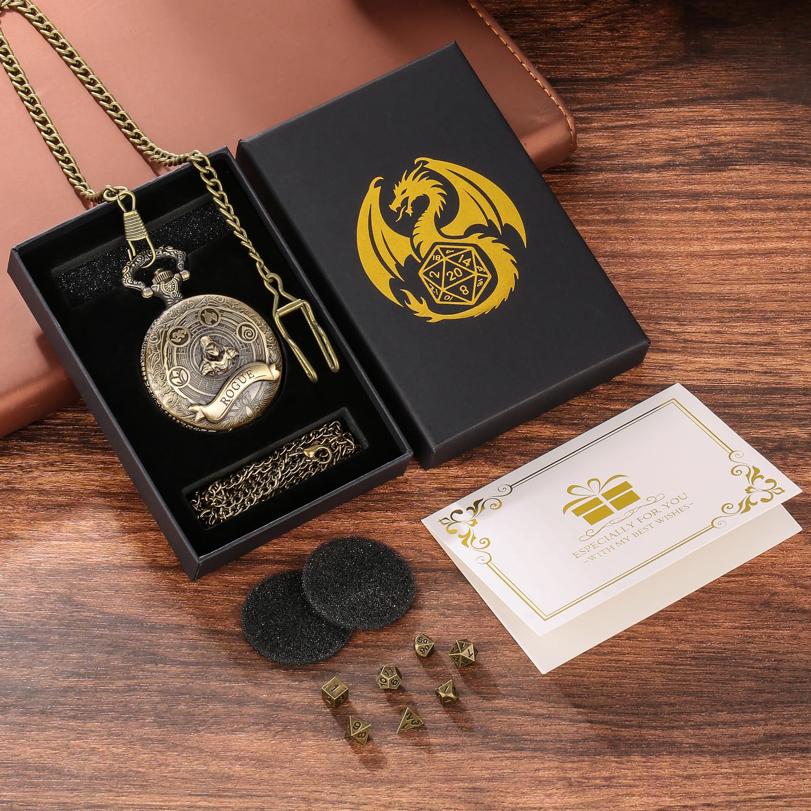 Mini DND Dice Set Steampunk Rogue Pocket Watch Case – 7 Polyhedral Metal Dice with Gift Box