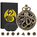 Mini DND Dice Set with Steampunk Octopus Pocket Watch Case – 7 Polyhedral Metal Dice for Role Playing Games