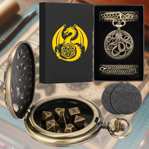 Mini DND Dice Set with Steampunk Octopus Pocket Watch Case – 7 Polyhedral Metal Dice for Role Playing Games