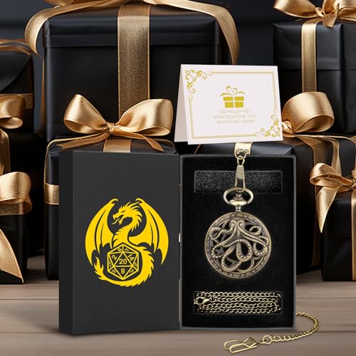 Mini DND Dice Set with Steampunk Octopus Pocket Watch Case – 7 Polyhedral Metal Dice for Role Playing Games