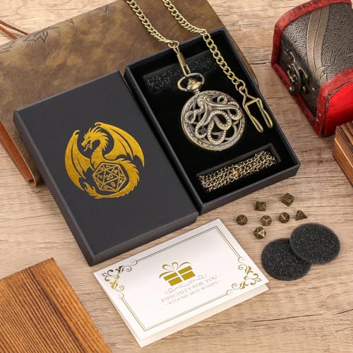 Mini DND Dice Set with Steampunk Octopus Pocket Watch Case – 7 Polyhedral Metal Dice for Role Playing Games