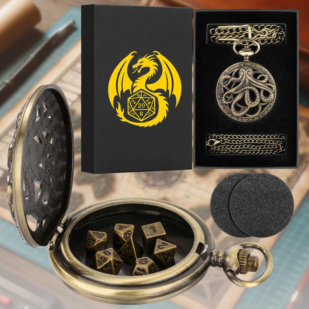 Mini DND Dice Set with Steampunk Octopus Pocket Watch Case – 7 Polyhedral Metal Dice for Role Playing Games