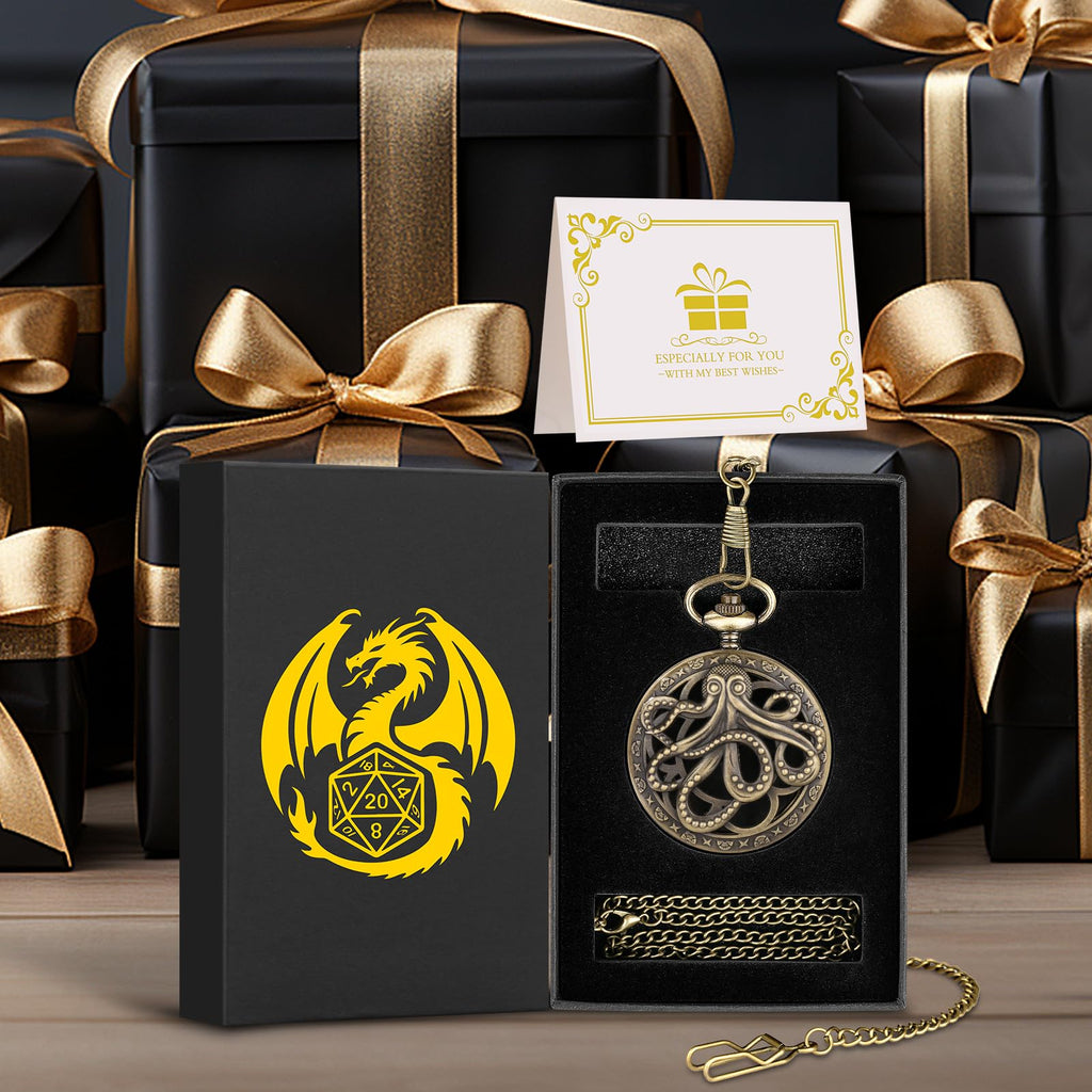 Mini DND Dice Set with Steampunk Octopus Pocket Watch Case – 7 Polyhedral Metal Dice for Role Playing Games