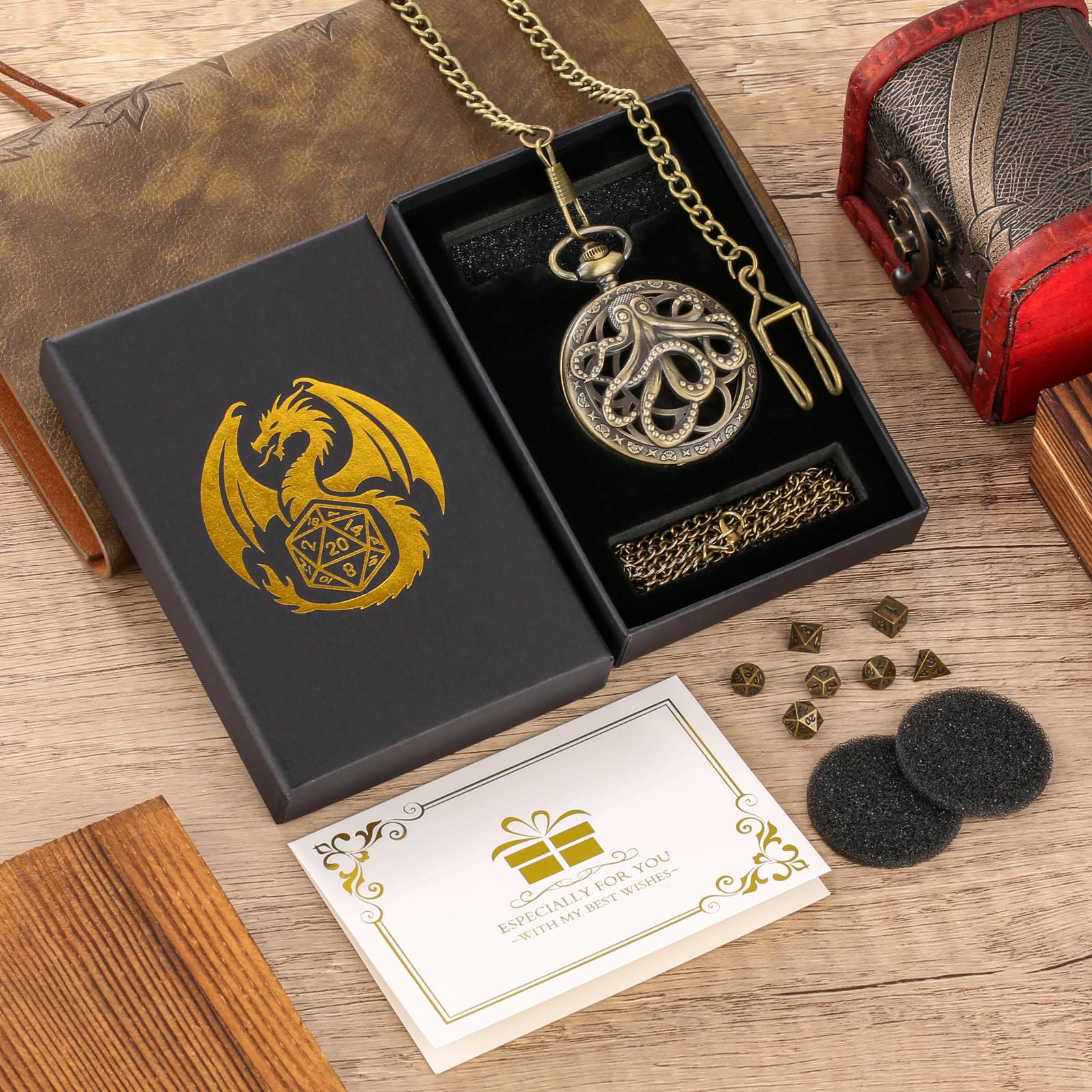 Mini DND Dice Set with Steampunk Octopus Pocket Watch Case – 7 Polyhedral Metal Dice for Role Playing Games