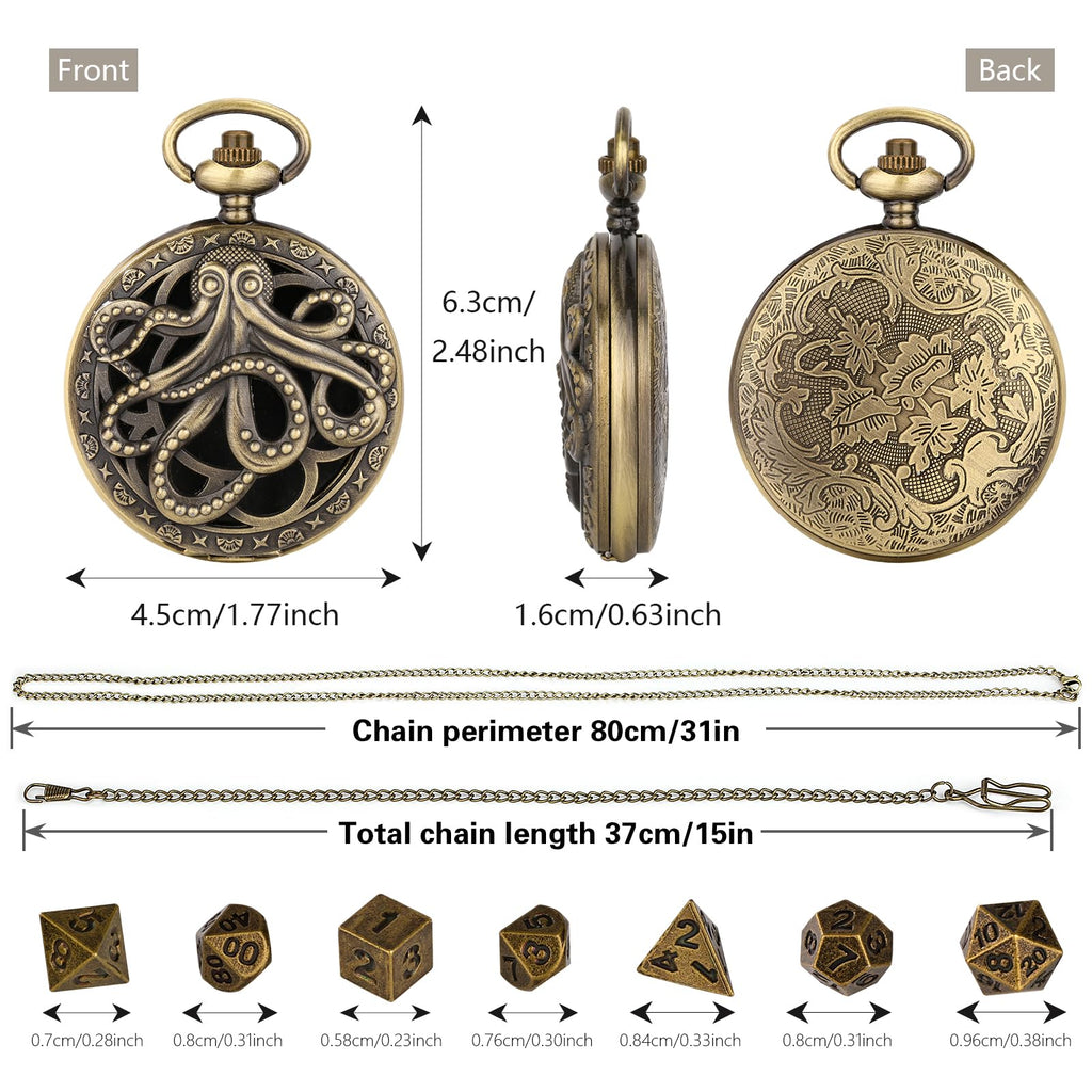 Mini DND Dice Set with Steampunk Octopus Pocket Watch Case – 7 Polyhedral Metal Dice for Role Playing Games