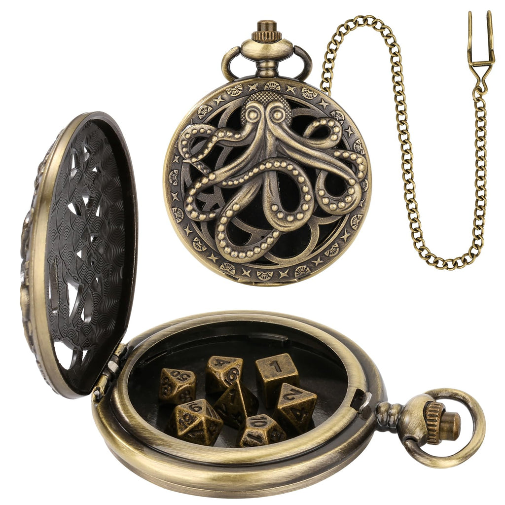 Mini DND Dice Set with Steampunk Octopus Pocket Watch Case – 7 Polyhedral Metal Dice for Role Playing Games
