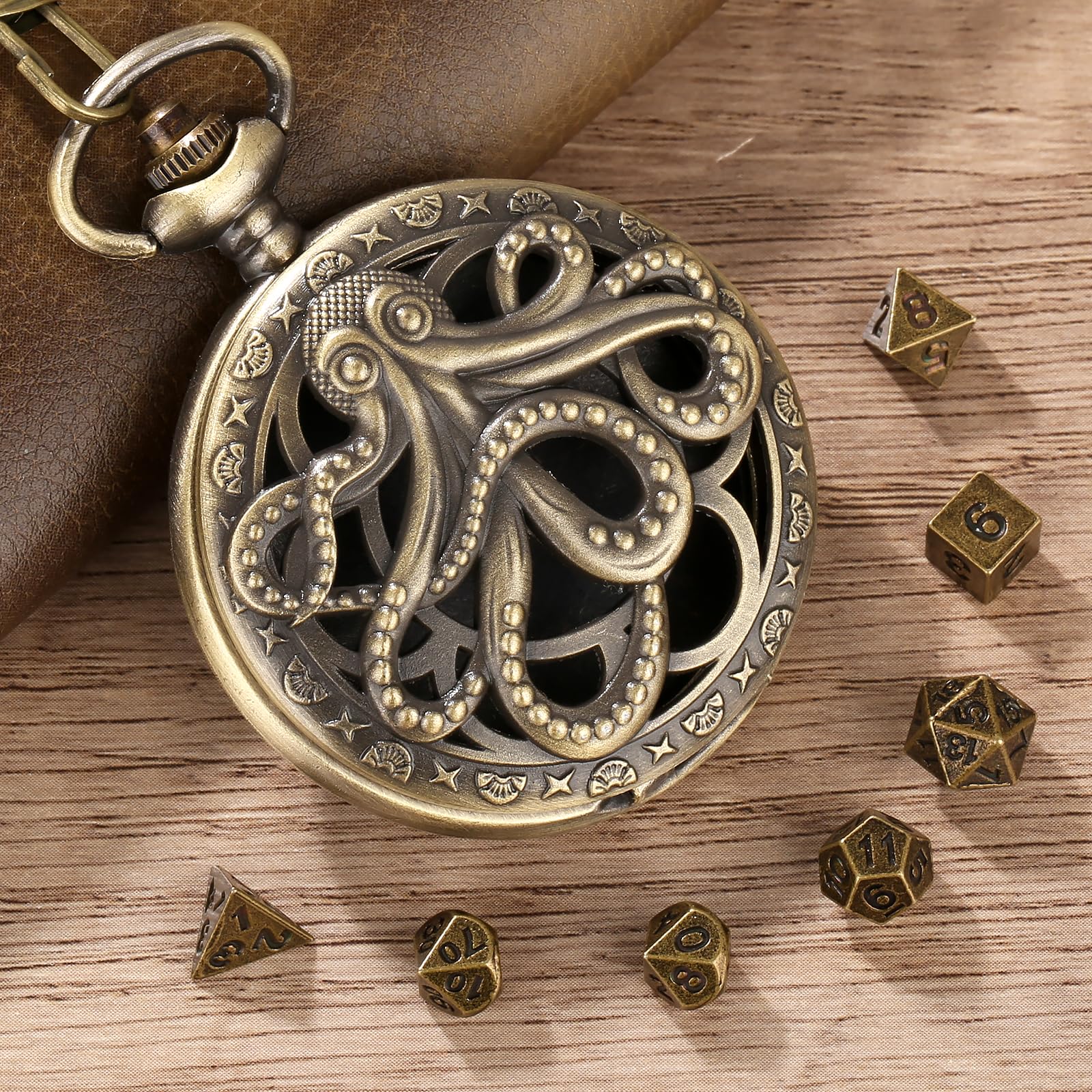 Mini DND Dice Set with Steampunk Octopus Pocket Watch Case – 7 Polyhedral Metal Dice for Role Playing Games