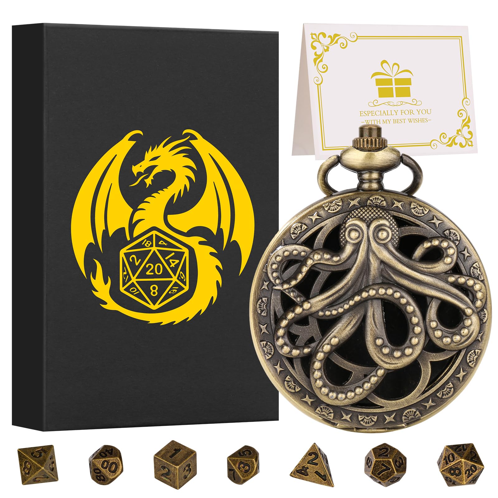 Mini DND Dice Set with Steampunk Octopus Pocket Watch Case – 7 Polyhedral Metal Dice for Role Playing Games