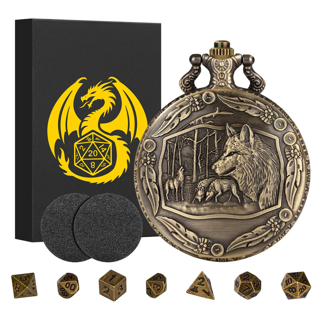 Mini DND Dice Set with Steampunk Wolf Pocket Watch Case – 7 Polyhedral Metal Dice