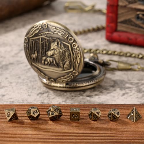 Mini DND Dice Set with Steampunk Wolf Pocket Watch Case – 7 Polyhedral Metal Dice