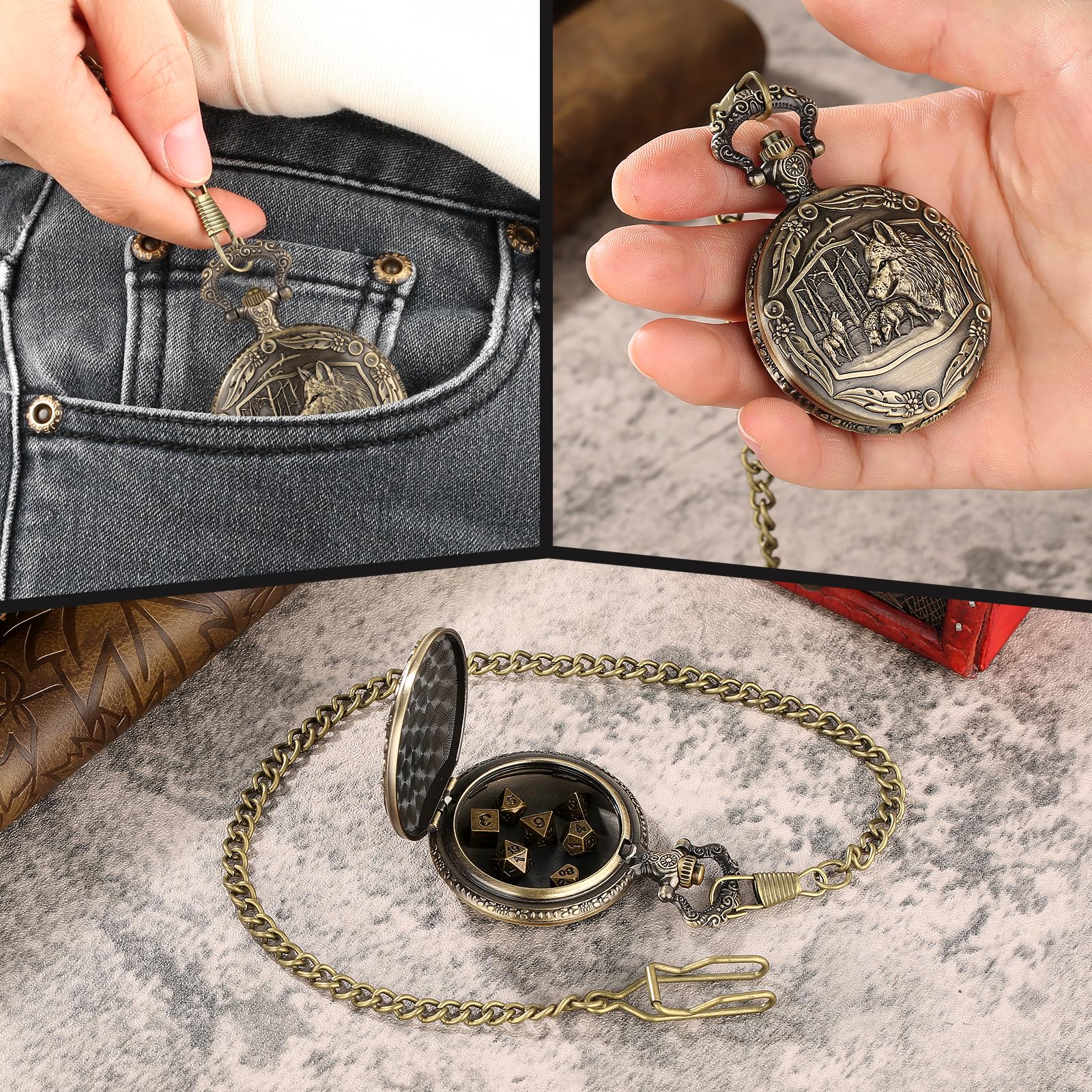 Mini DND Dice Set with Steampunk Wolf Pocket Watch Case – 7 Polyhedral Metal Dice